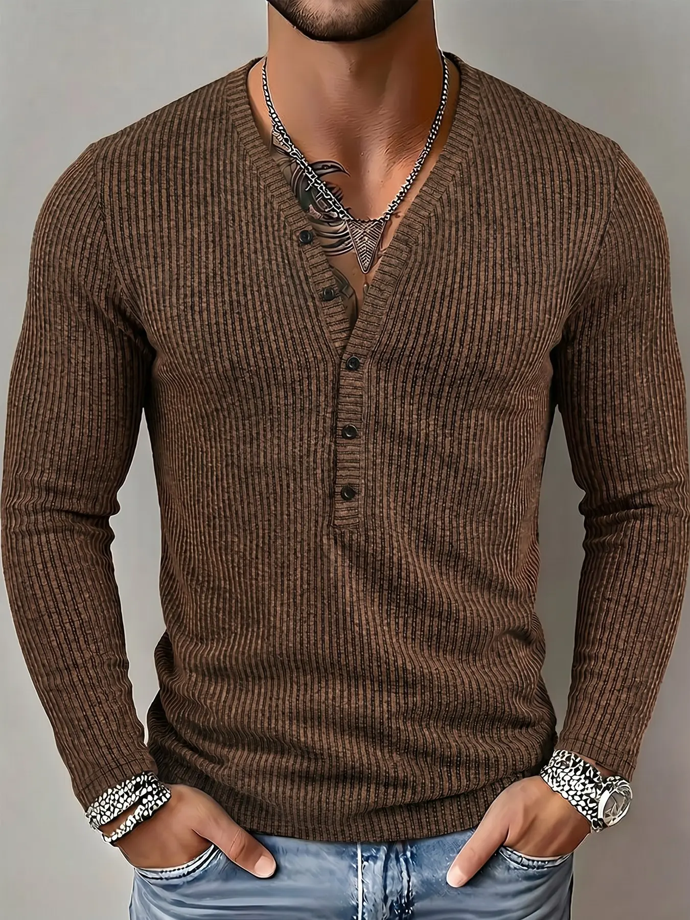 Autumn New Old Money Style Henry Neck Knitted Long Sleeve T-Shirt, Men's Fashion Casual Top, Relaxed Fit Solid Color Sweater, Menswear, Knitwear