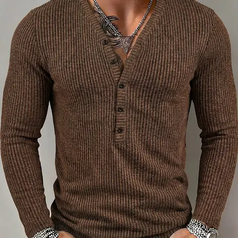 New Autumn Old Money Style Henley Neck Knitted Long Sleeve T-Shirt, Men's Fashion Casual Top, Relaxed Fit Solid Color Sweater, Menswear, Knitwear