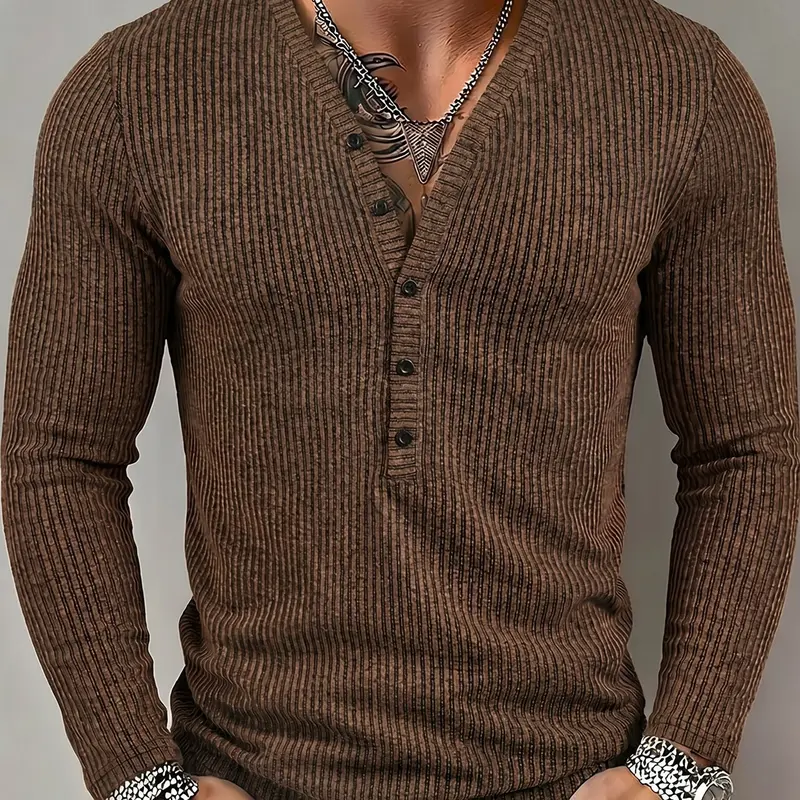 New Autumn Old Money Style Henley Neck Knitted Long Sleeve T-Shirt, Men's Fashion Casual Top, Relaxed Fit Solid Color Sweater, Menswear, Knitwear