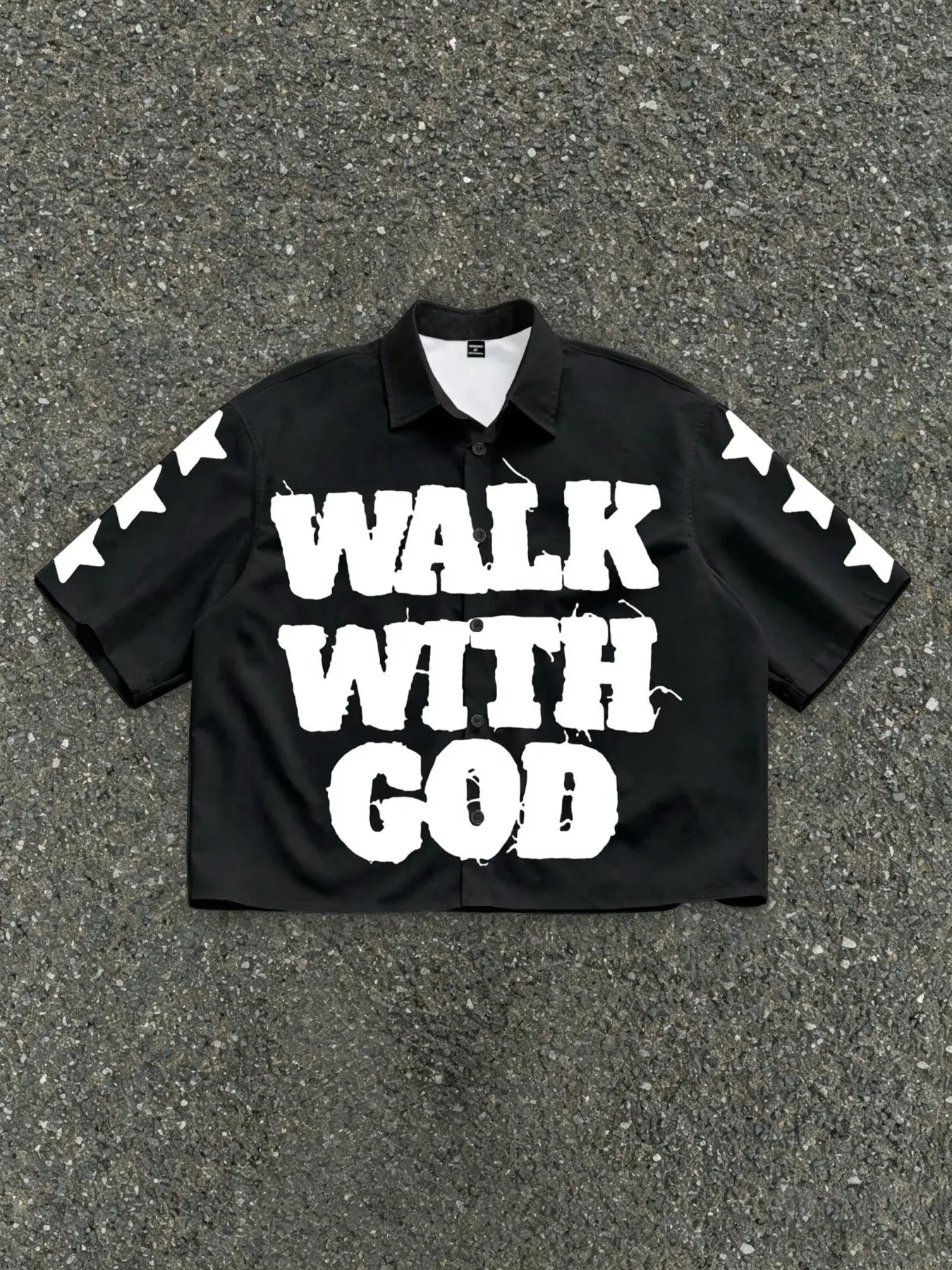 Men's Trendy Camp Collar Shirt, Casual Streetwear Top with "Walk With God" Text Print, Vintage Y2K Loose Button-Down Blouse Perfect For Daily Wear, School Outfits, Vacations, Parties, Gatherings And Casual Religious Grunge Styling