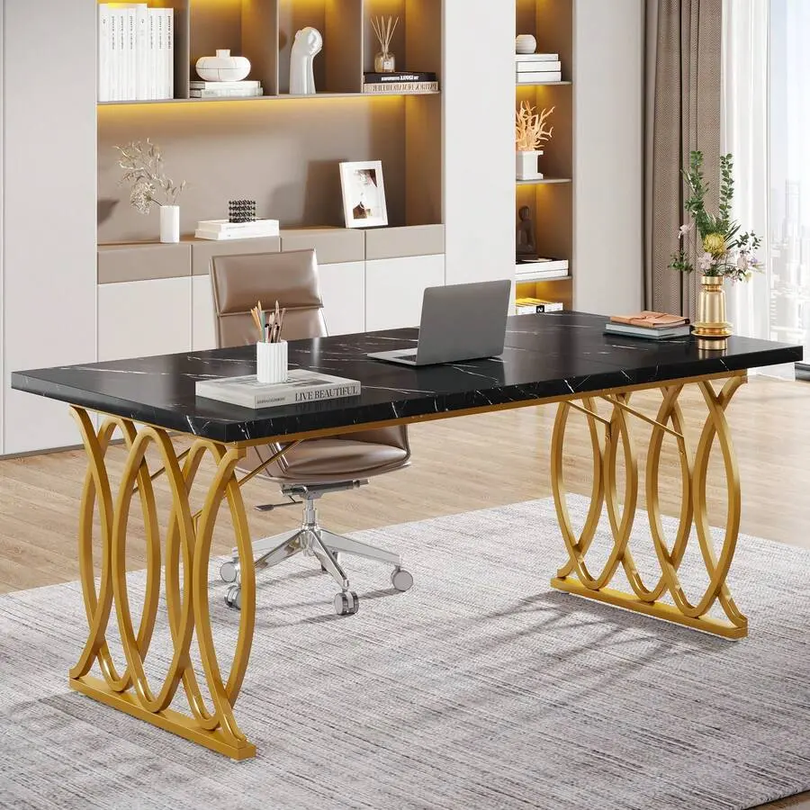 Executive Desk, 63" W Large Computer Desk, Modern Office Desk Conference Table Meeting Room Table, Business Furniture Home Office, Black And Gold