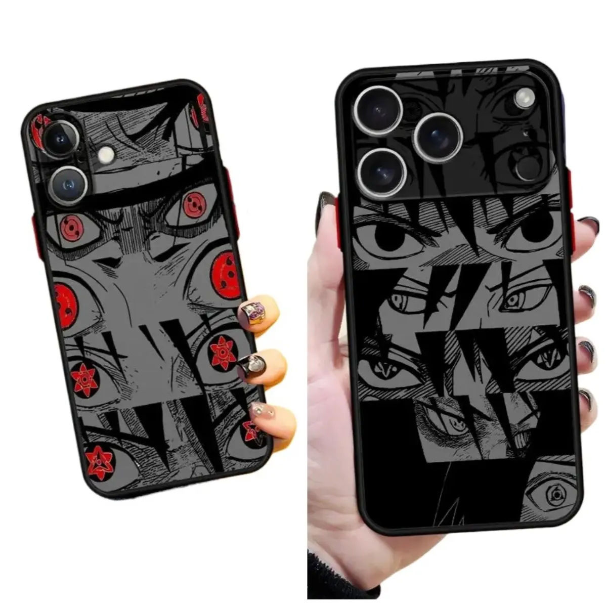 Durable phone case featuring a *Naruto* anime Sharingan collage design with a soft-touch finish; compatible with iPhone 12 through 17 and Samsung S22 through S26 series. An excellent gift for close friends and perfect for special occasions.