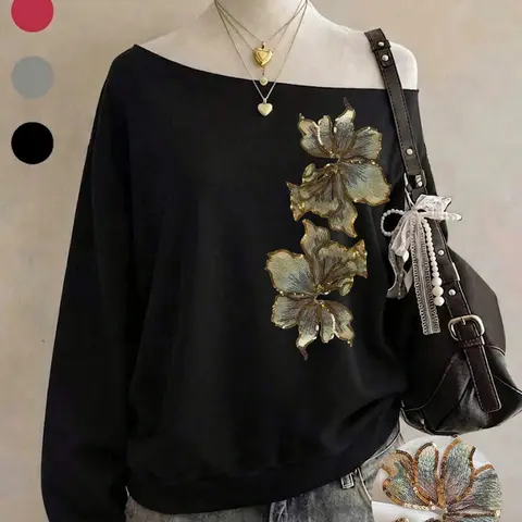 Y2K Sweet Cool Style Lily Sequin Embroidery Asymmetrical Shoulder Long Sleeve Hoodie, Loose Fit Fall Winter Streetwear Sweatshirts Women's Top