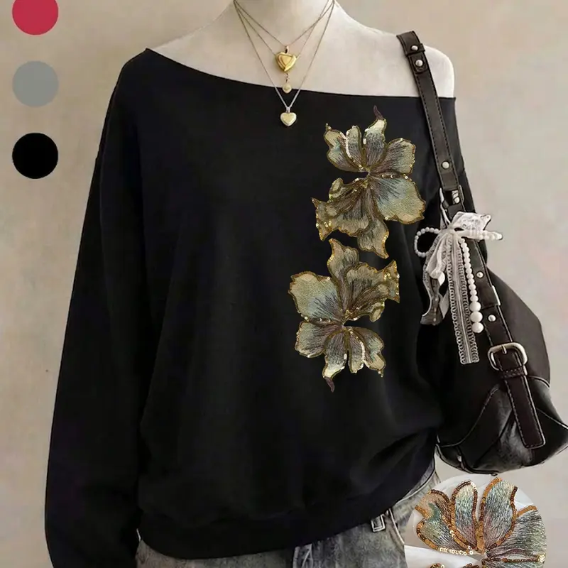 Y2K Sweet Cool Style Lily Sequin Embroidery Asymmetrical Shoulder Long Sleeve Hoodie, Loose Fit Fall Winter Streetwear Sweatshirts Women's Top