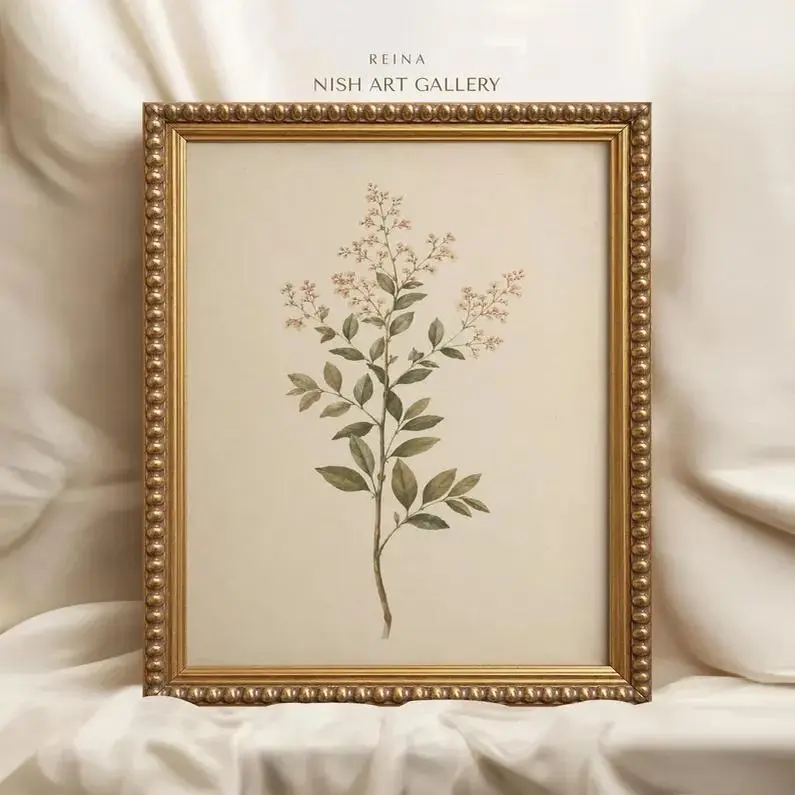 Flowering Branch Framed Print, Vintage Botanical Wall Art, Rustic Cottage Farmhouse Decor