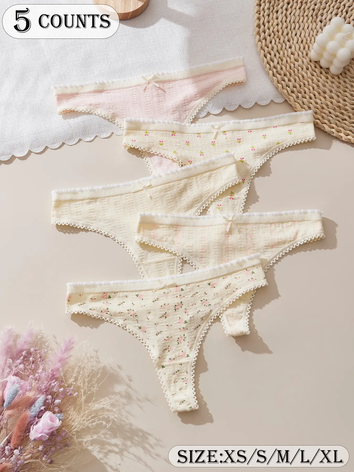 5 Pcs Women's Sexy Thongs Underwear, Comfy Breathable Panties, Floral & Lace Print Design, Soft Breathable Fabric, Comfortable All-Season Everyday Wear, Cute Fitted Style, Soft Intimates