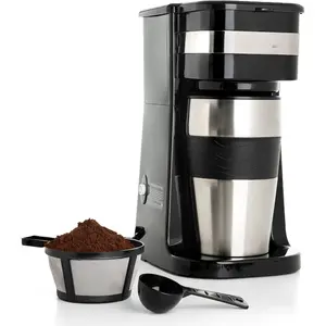 Black Personal Single Serve Coffee Maker with 14oz Travel Mug, Drip Small Coffee Maker with Auto Shut Off, Reusable Filter, Works with Ground Coffee Only – Not for K-Cup Pods