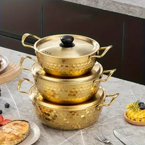 3pcs Golden Stainless Steel Ramen Pots with Lids- Non-stick, Dishwasher Safe, Great for Noodles, Soups and Curries- Perfect for Home Cooking, Outdoor Parties, Picnics and Backyard Parties, Outdoor Dining Essentials| Textured Surface Pots