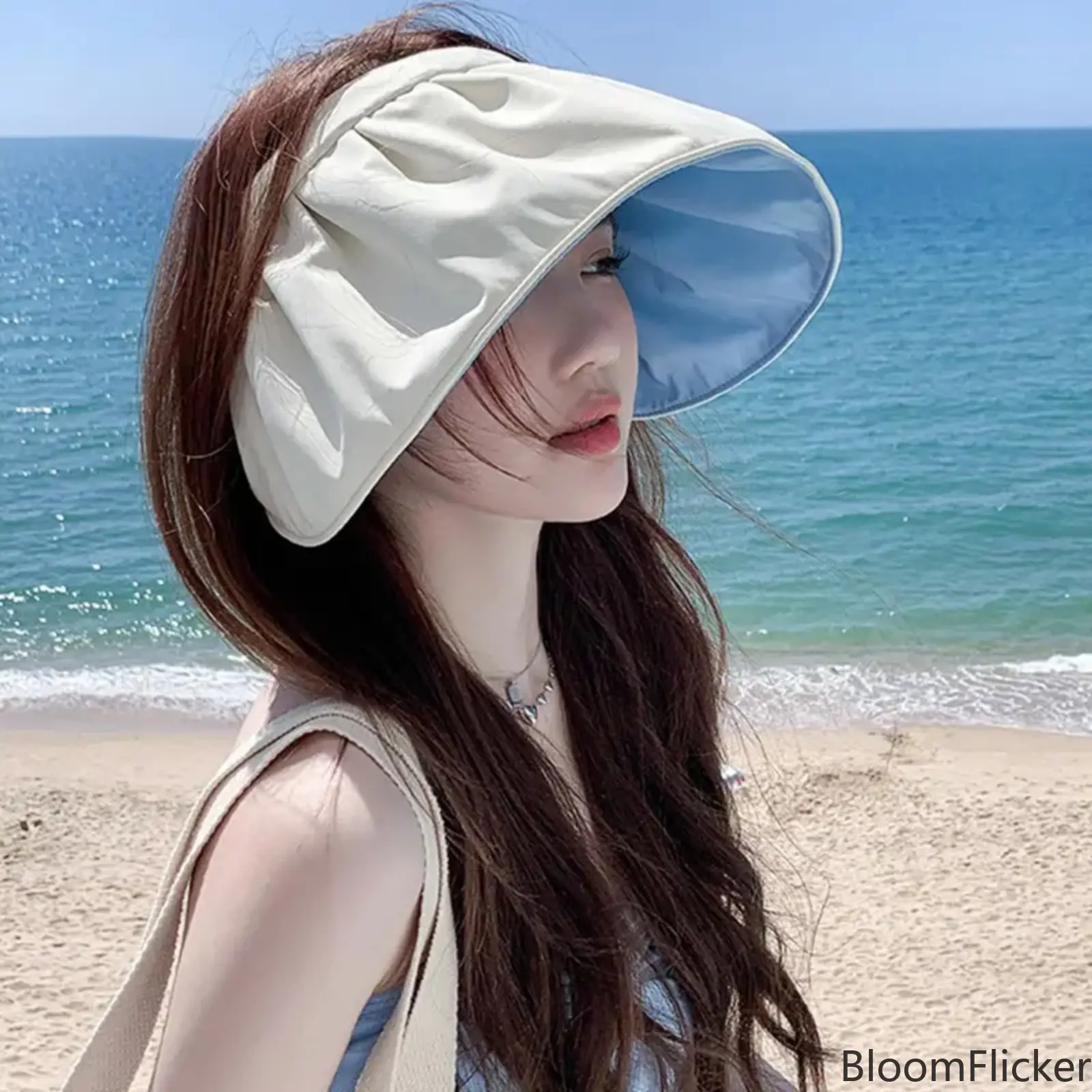 Women Large Brim Empty Top Sun Hat, Foldable UV Protection Beach Cap for Ladies & Girls, Lightweight Breathable Outdoor Sunshade Hat for Summer Travel, Hiking and Seaside Vacation