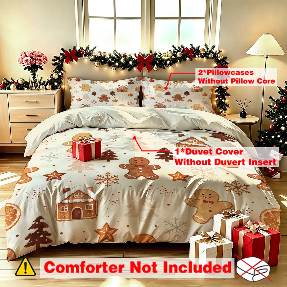 A set of 3pcs Gingerbread Man house snowflake Christmas tree bedding sets (one bedding set, two pillowcases) without filling, suitable for single beds, double beds, and bedrooms, student dormitories, e-sports hotels, and gift-giving occasions.