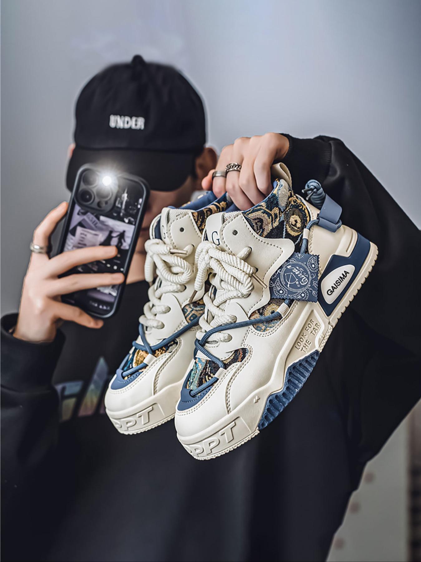Men's Fashionable Colorblock Lace Up High Top Skate Shoes, Casual Comfortable Breathable Sports Shoes, Male All-match Round Toe Shoes for Daily Wear, Skateboarding Shoes, Trending Shoes, Skater Shoes, Street Shoes