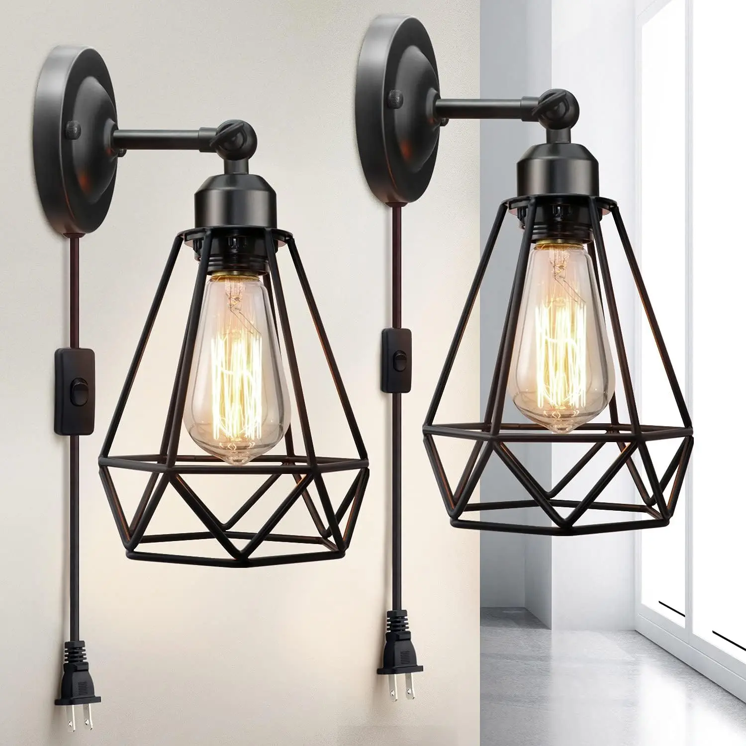 Plug in Wall Sconce, Wire Cage Industrial Wall Lamp with Plug in Cord, Rustic Sconce Fixture, On/Off Switch Vintage Wall Light for Headboard Bedroom Porch - 2 Pack