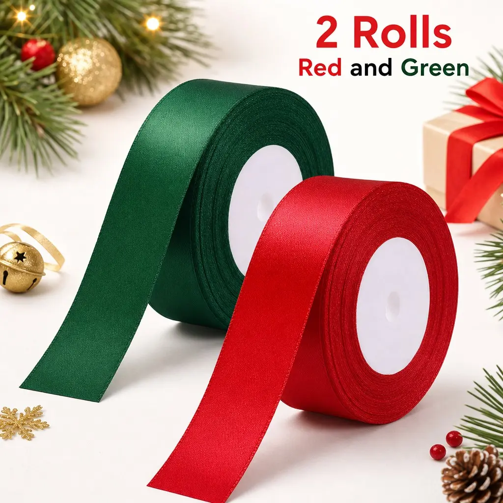 2 Rolls Double-Sided Satin Christmas Ribbon (1.57 Inches X 24 Yards), Holiday Ribbon, Perfect for Gift Wrapping, Party Decor, Bow Making