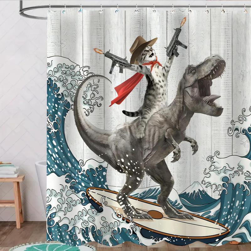 Dinosaur and Cat Pattern Removable Shower Curtain, Waterproof Bathroom Curtain with 12 Hooks, Decor for Home, Hotel, Apartment, Dorm and Spa