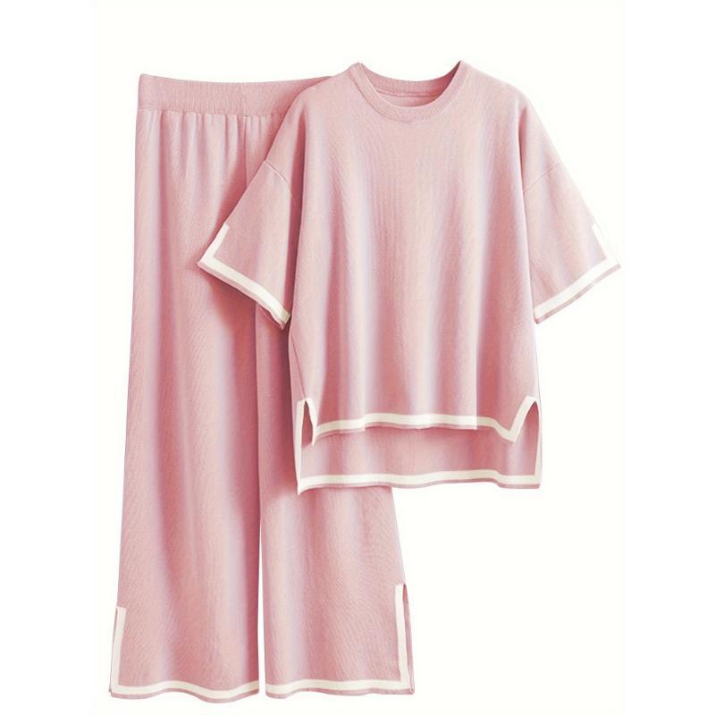 Knit Lounge Set - Short Sleeve Top with Wide-Leg Pants, Multiple Shades main image 0