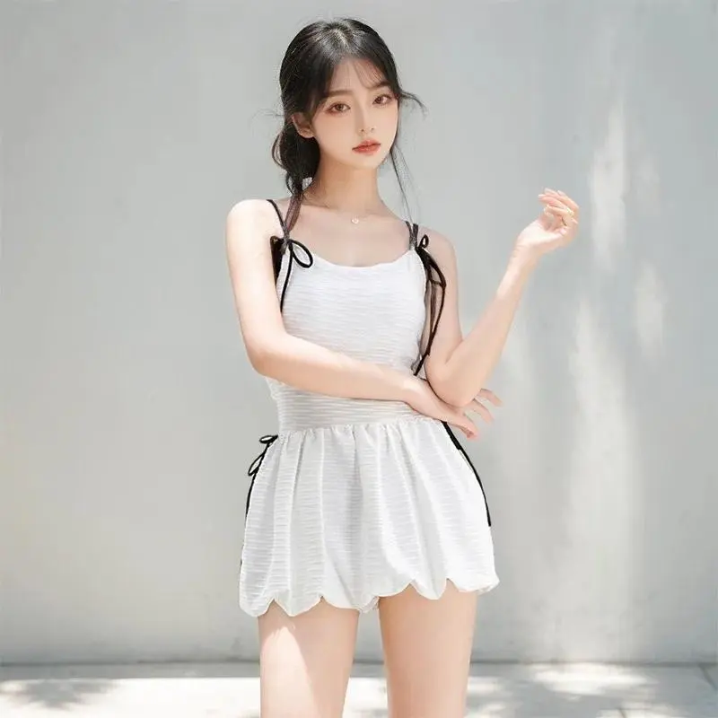 Korean Version 2026 New Fresh and Sweet Girls' Dress Style Conservative and Slimming White One-piece Swimsuit for Women