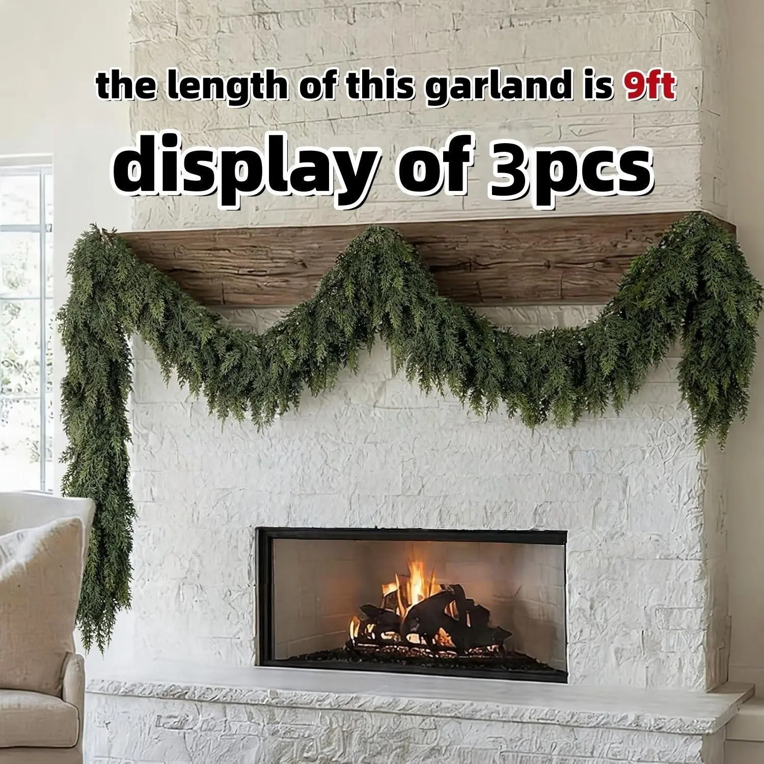 6/9ft 3pcs Christmas Cedar Garland, Realistic Soft Thick Pine Artificial Garland, Full Faux Cedar Pine for Holiday Decor, Festive Decoration, Christmas Decorations