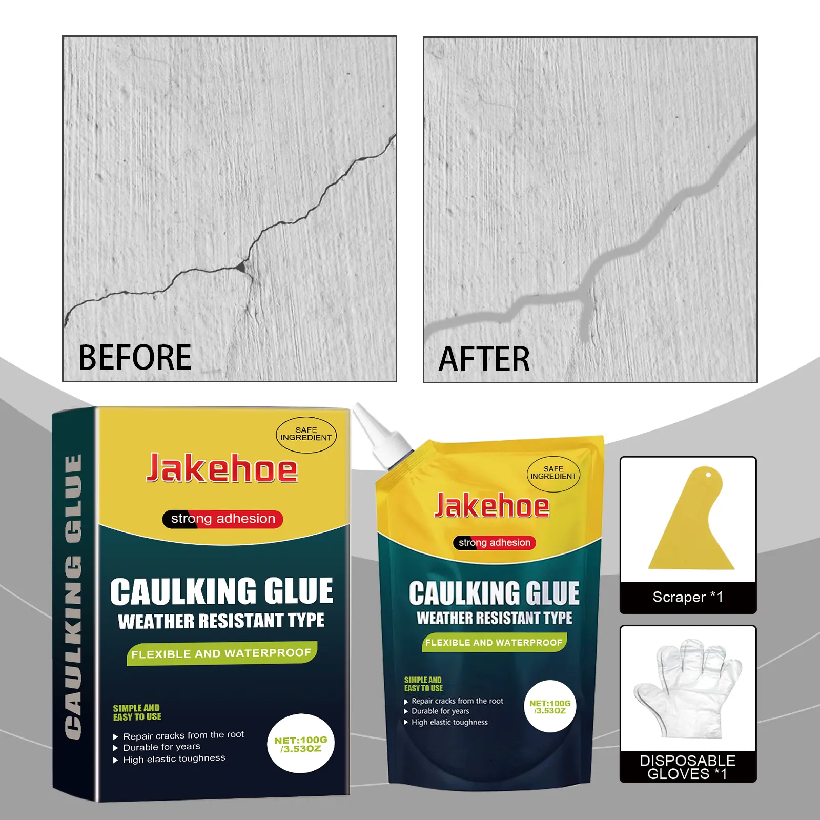 Jakehoe Vinyl Polymer Concrete Crack Caulking Glue - 100g(3.53 oz) Unit with Caulk Bag, Scraper & Gloves, Weatherproof Flexible Paste for Driveway, High Elastic Toughness, Complete Muck Free Crack Line Dry Sealing for DIY Home Supplies