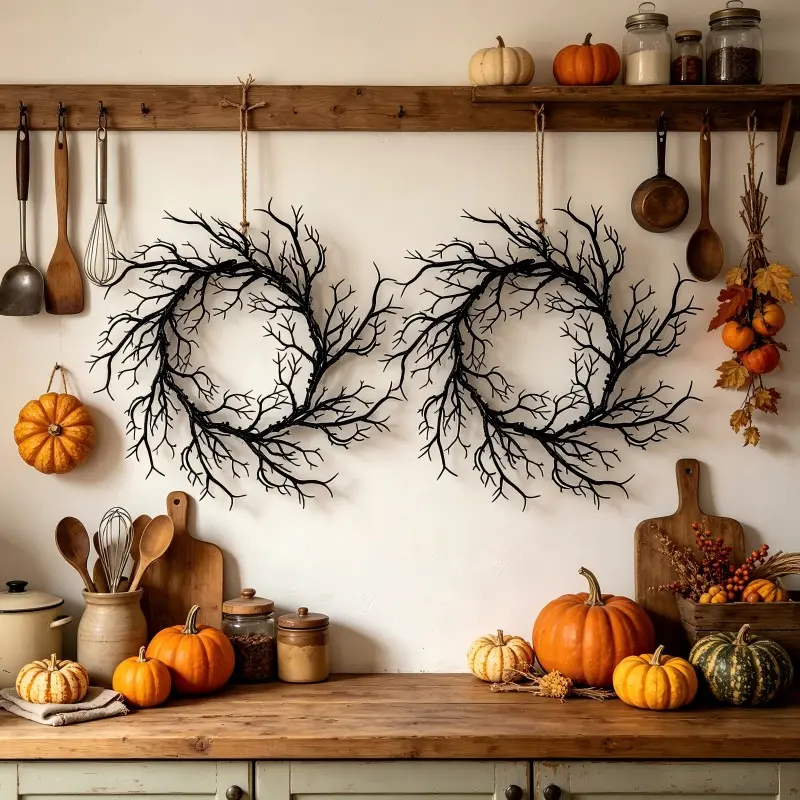 Halloween Spooky Hanging Branch Wreath Set of 2, Simple Dried Branch Decor, Front Porch Wall Decoration, Halloween Party Ornament, Festive Decoration