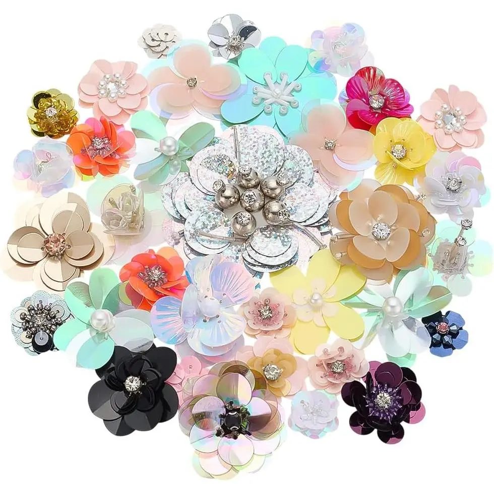 35Pcs Mixed Color Sequin Beaded Flower Patches with Rhinestone Pearl Sew On Applique for DIY Garment Headband Cloth Decoration Accessories