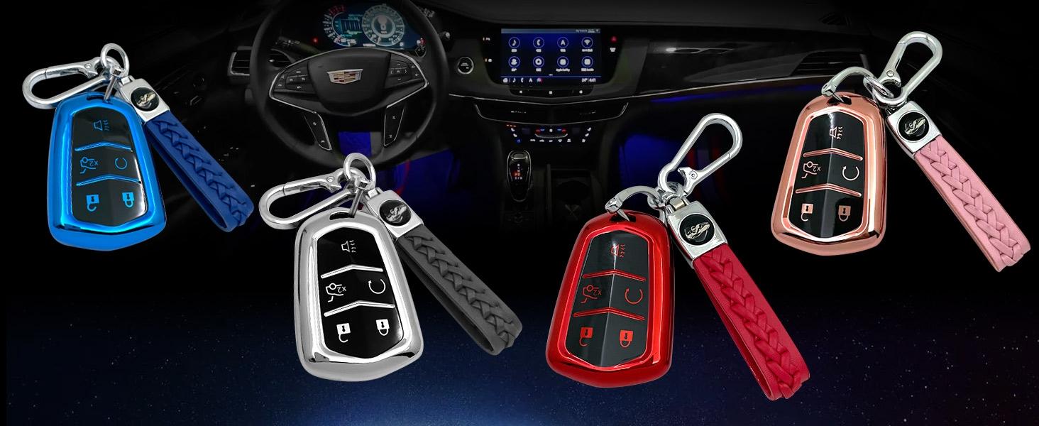 soft TPU Key Case Suitable for Cadillac STS CTS XT5 Escalade CT6 ATS SRX 4/5 Buttons Key (Red Key Cover + Key Chain set), Car Key Accessory, Key Covers For Car Keys, 4/5 Button Fit