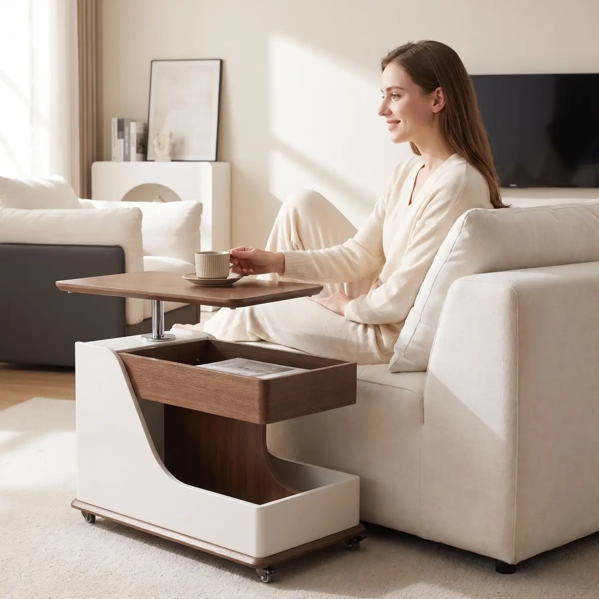 [Bellemave] Swivel Top Rolling Side Table with Storage, Walnut & Off White Mobile Sofa End Table for Bedroom Living Room Balcony, Movable Snack Coffee Table with Wheels