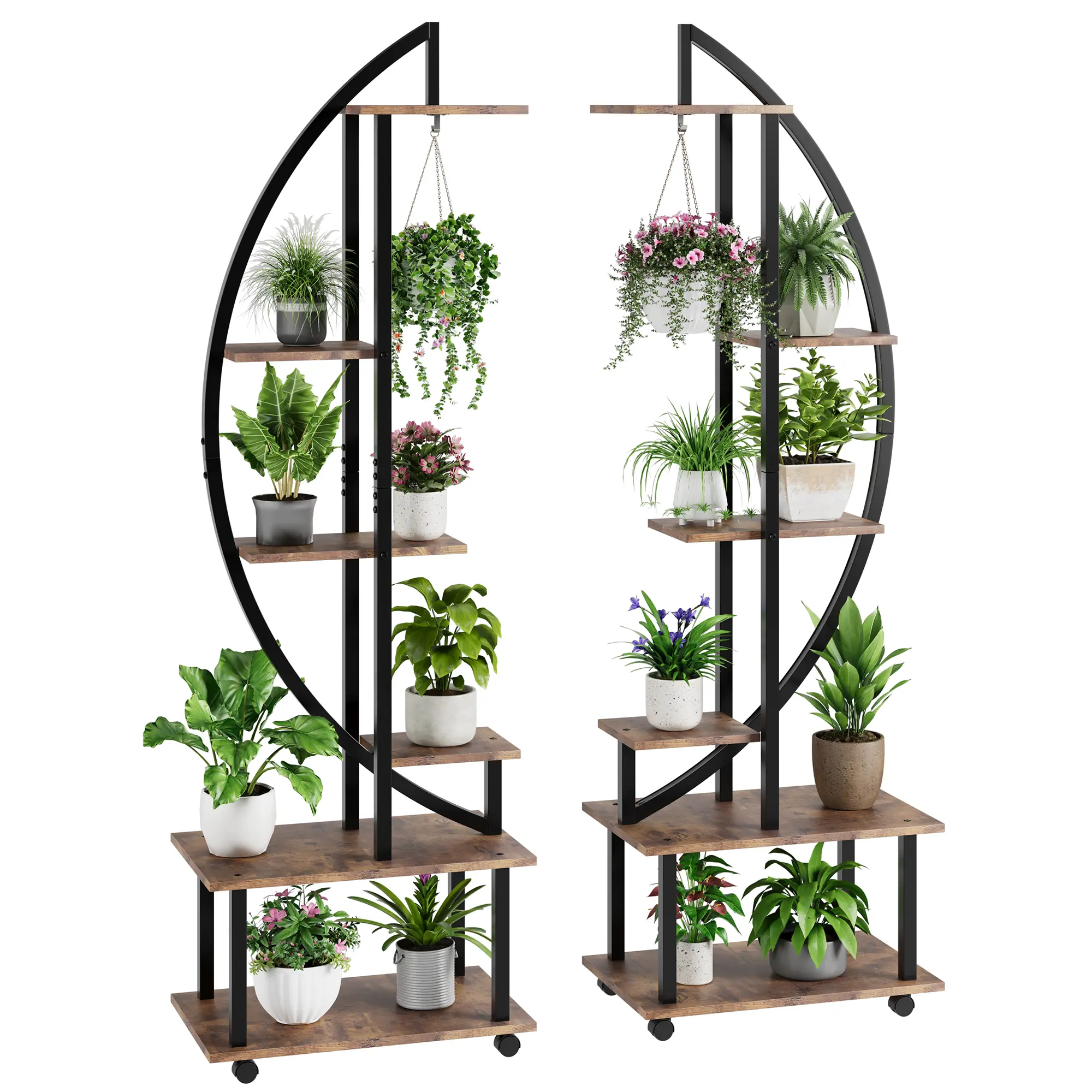 6-Tier Tall Metal Plant Stand with Wheels & Hanging Hook – Half Moon Indoor Flower Pot Display Rack – Multi-Purpose Corner Shelf for Living Room, Garden or Balcony – Heavy Duty Storage – Pack of 2
