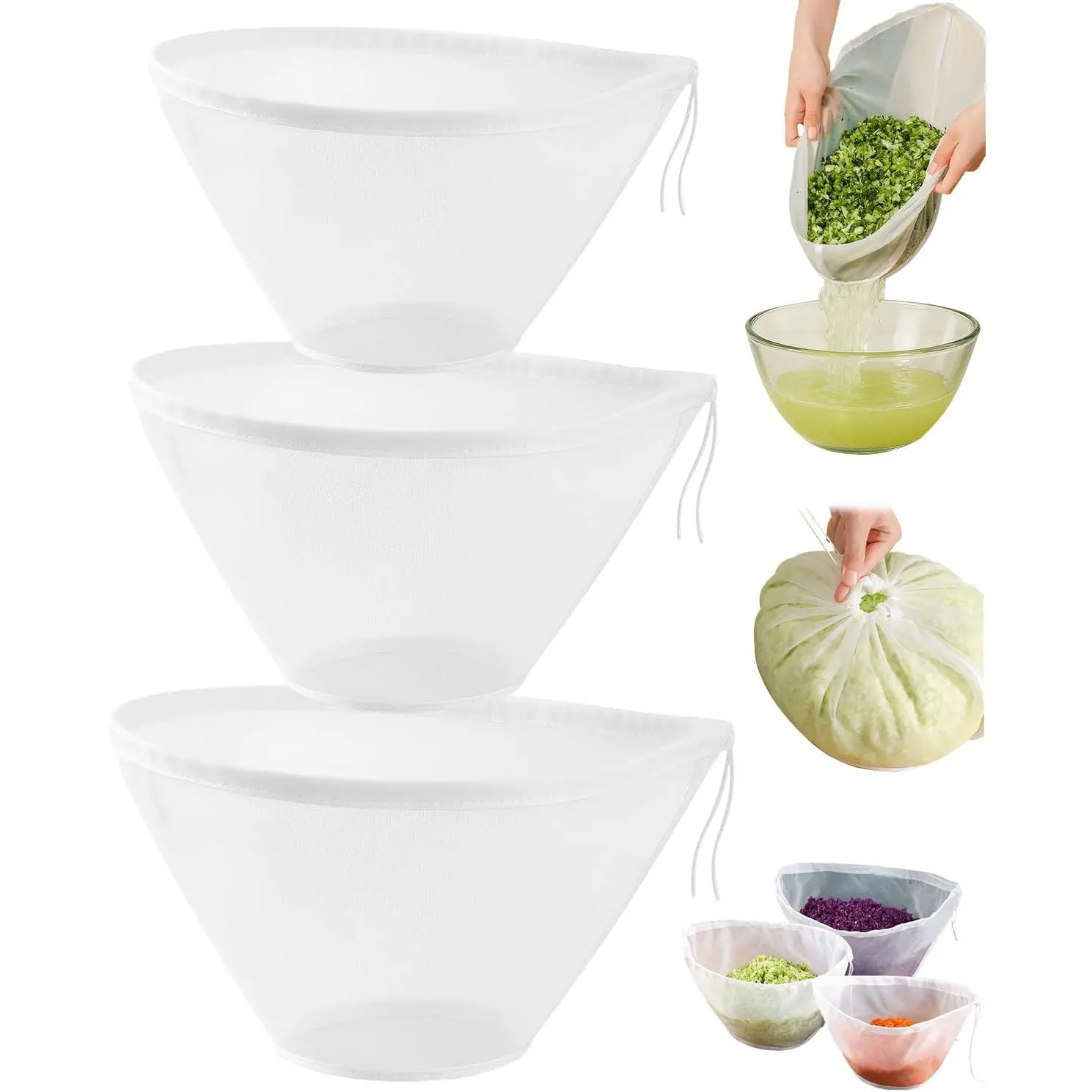 Kitchen Utensils Multi-Size Fine Mesh Nylon Cheesecloth & Strainer Bag Set - 3 Pcs Wide Bowl Design for Almond Milk, Coffee Making