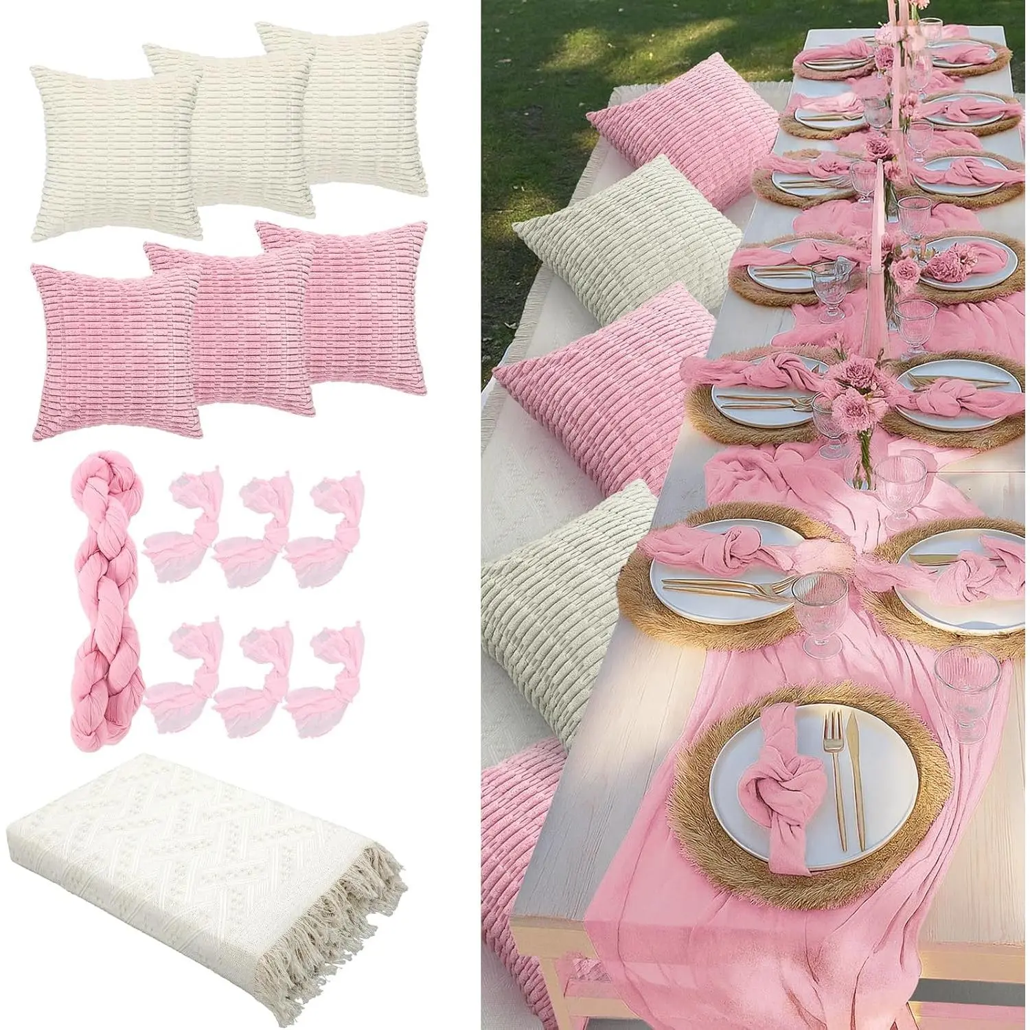 Unisex 14-Pack Boho Print Picnic Kit - 91x71 in Extra Large Washable Cotton Yarn Outdoor Blanket, Pink Table Runner, 6 Throw Pillow Covers, 6 Napkins, Pillows Included for Outdoor Events, Camping