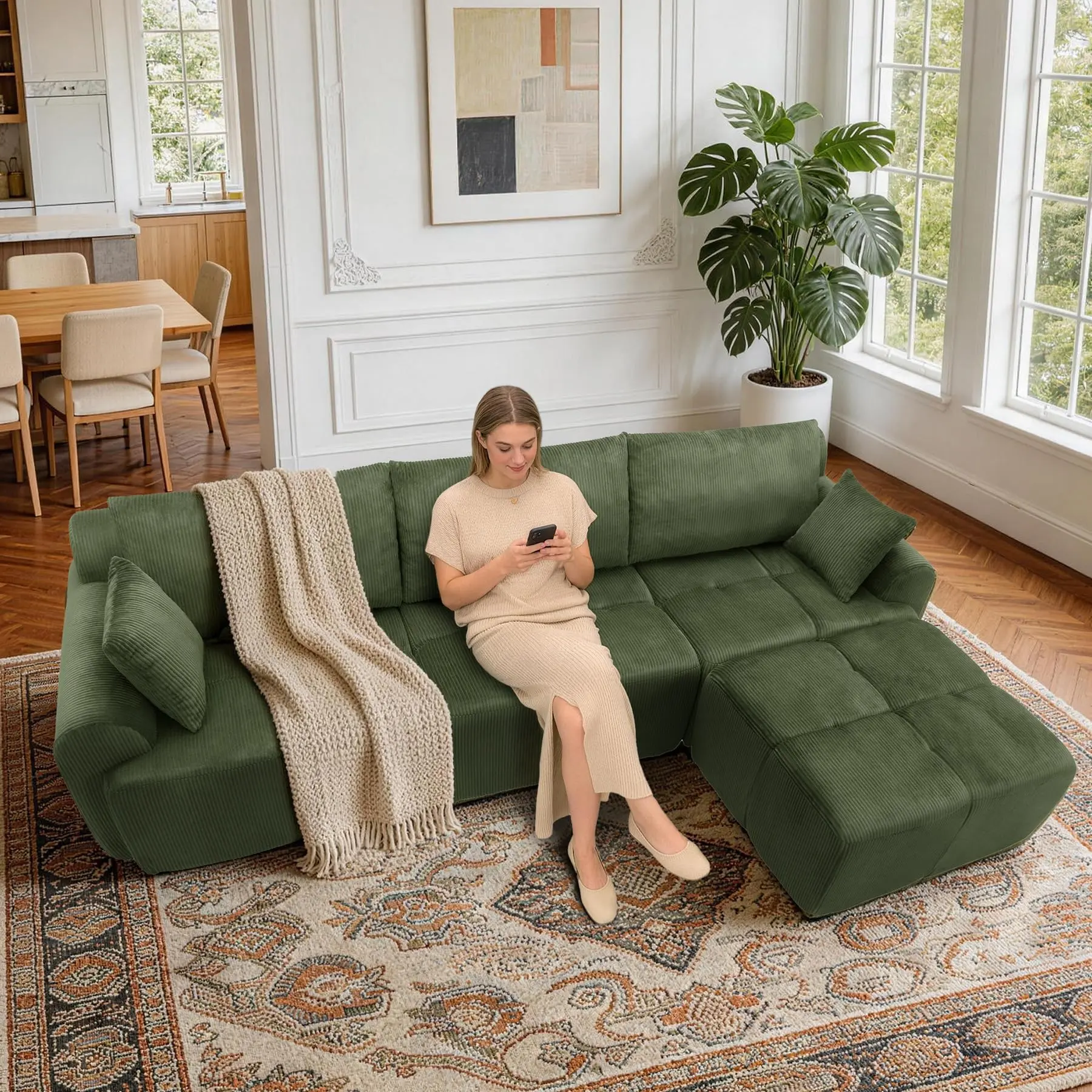 118'' Modular Sectional Sofa, Corduroy Sponge Compression Sofas with Deep Seat, Memory Foam Sofa for Living Room Bedroom, No Assembly Required
