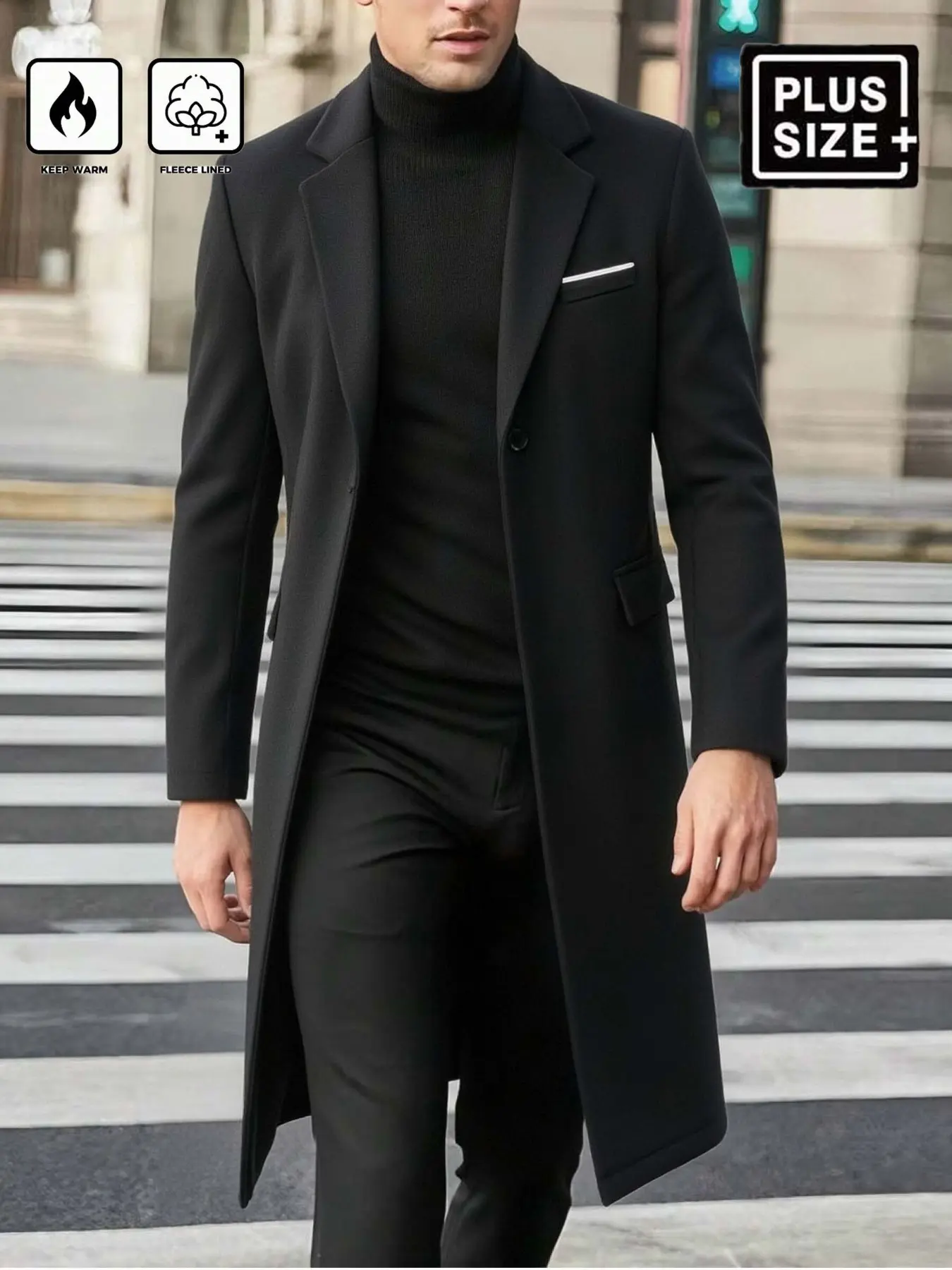 Men's Plus Size Black Mid Length Wool Overcoat, Notched Lapel Single Button Design, White Trim Chest Pocket, Fleece Lined Warm Winter Formal Business Outerwear