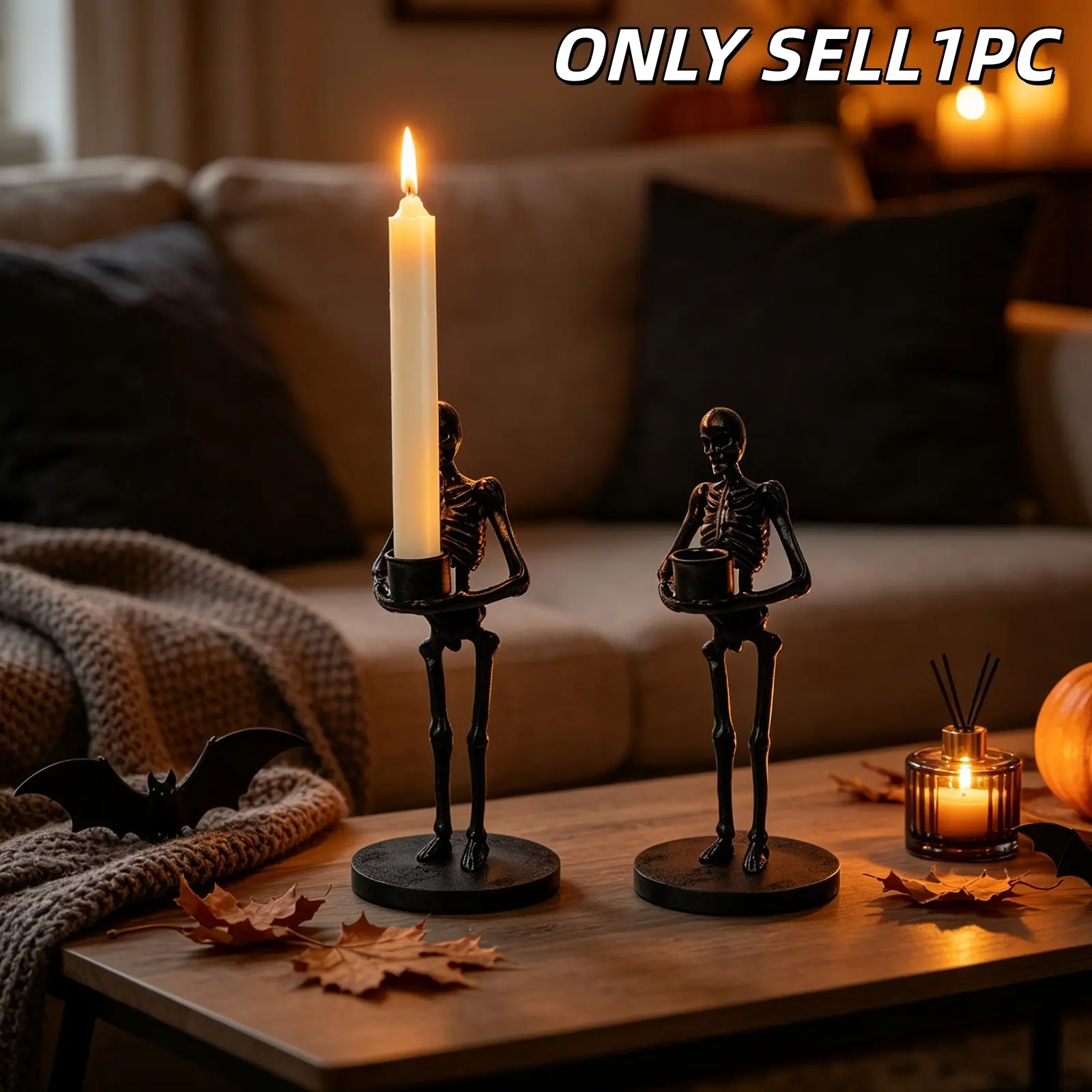 1PC Skeleton Taper Candle Holder, Black Human Skeleton Candlestick, Halloween Tabletop Decor