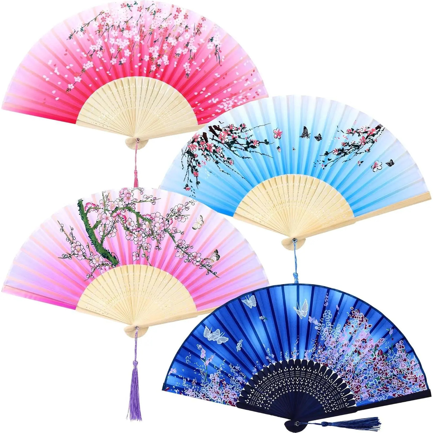 4 Pack Folding Fans Handheld Silk Fans |  Fans with Tassel, Lightweight Foldable Festival , Wedding Supplies, Party Decor, Photo Props, Wall Ornament