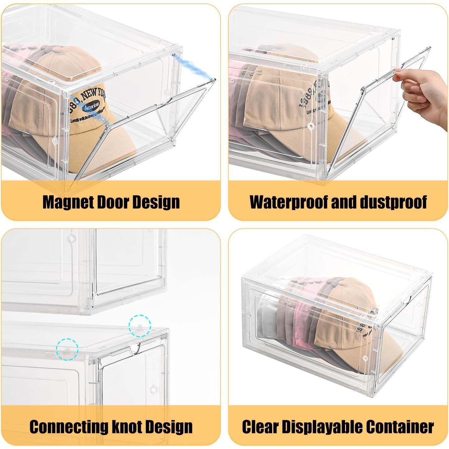 Hat Organizer Box,Stackable Clear Baseball Caps Holder Box Containers with  Door for Hats Snapback Cap Storage,Clear Hat Storage with  Door, Holds 60 Hats(clear, 6 pack)