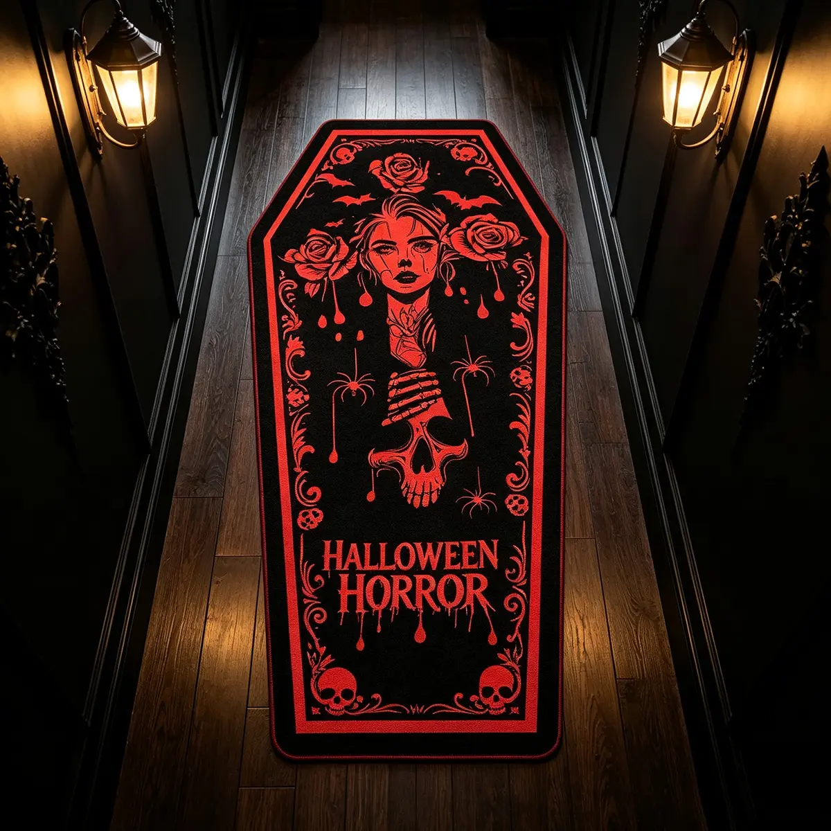 Halloween Coffin Witch Skull Rug, Irregular Shape Long Strip Carpet, Soft Washable Stain Resistant, Home Decor for Living Room Bedroom