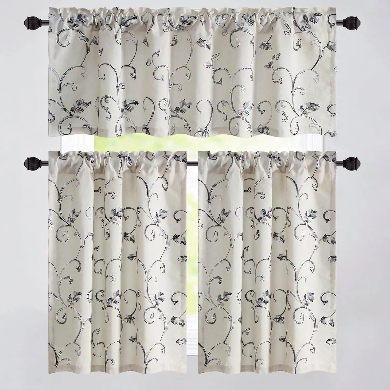 Vines Embroidery Tier Curtains and Valance Set, 3 Panels Rod Pocket Cafe Kitchen Curtains for Small Windows, Light Filtering, 52 x 18 & 30 x 36