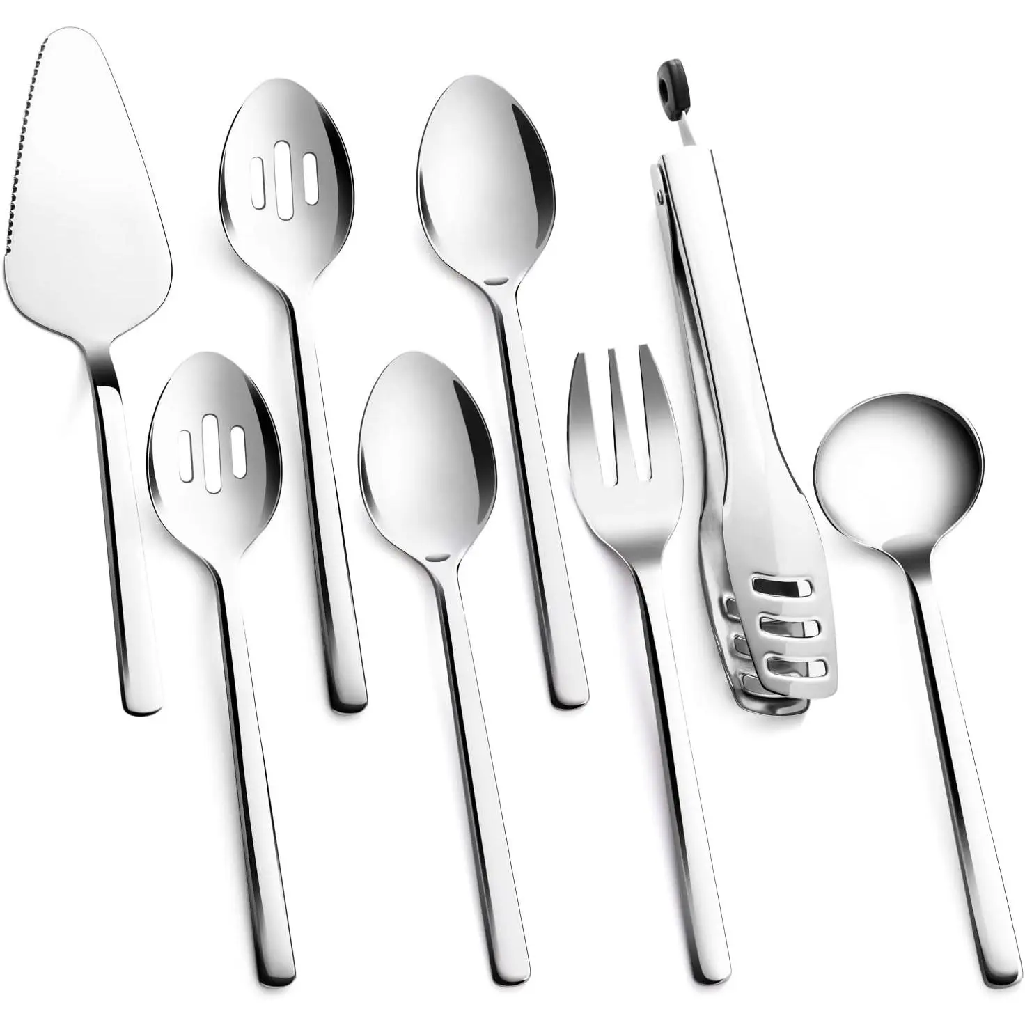 8 piece Large Hostess Serving Utensils Set,18/10 Stainless Steel | Heavy Duty Serving Set, 10-inch Serving Utensils, Slotted Spoons, Forks, Tongs, Cake Pie Server for Buffet, Wedding, Parties