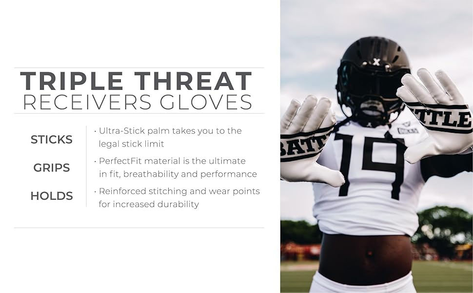 Triple Threat Wide Receiver Football Gloves, Ultra Stick Adult & Youth Gloves
