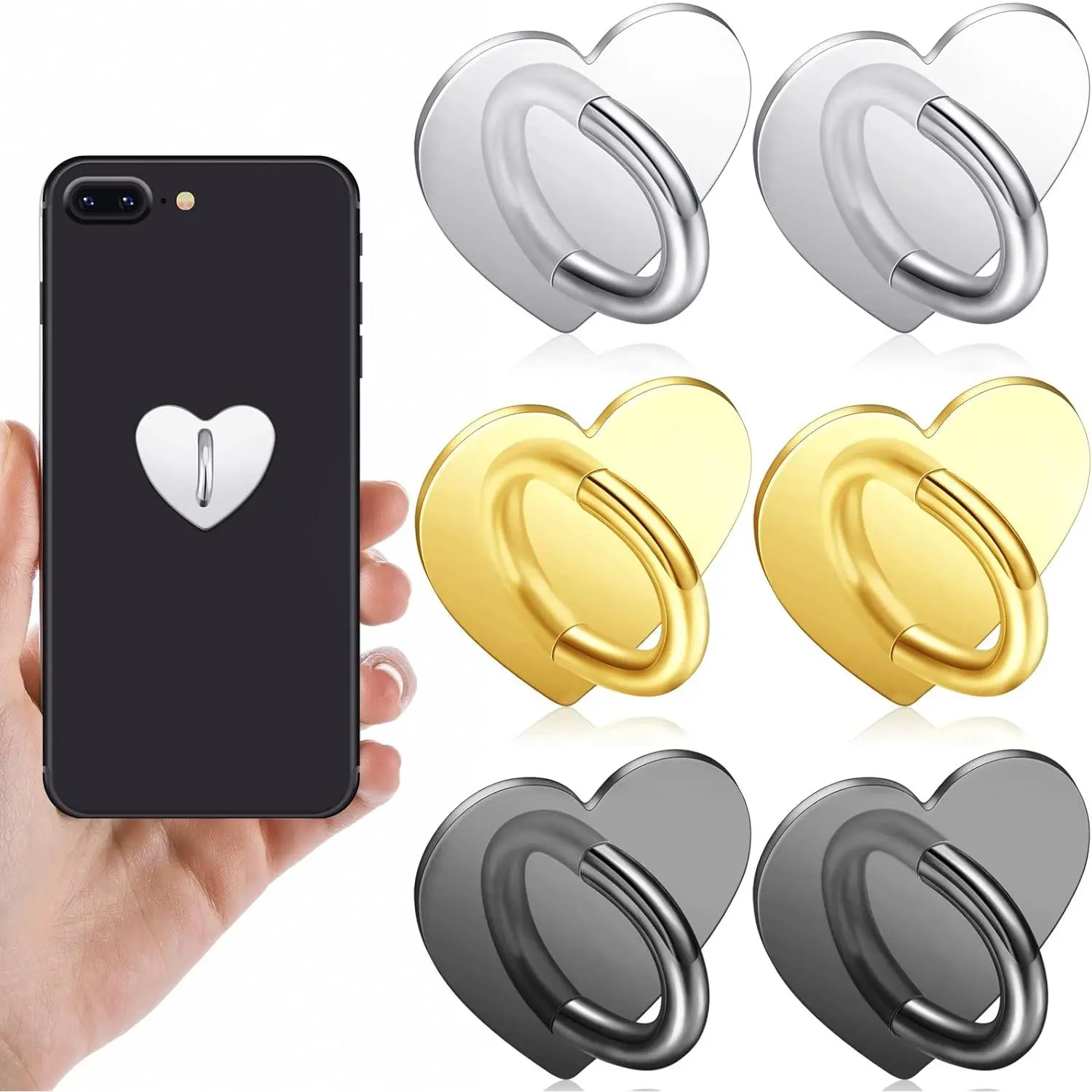 6 count Cell Phone Ring Holder, Heart Phone Charm Hook Adhesive Smartphone Finger Ring Stand Sticky Metal Loop Grip for Cellphone Case Pad Tablet DIY Accessories