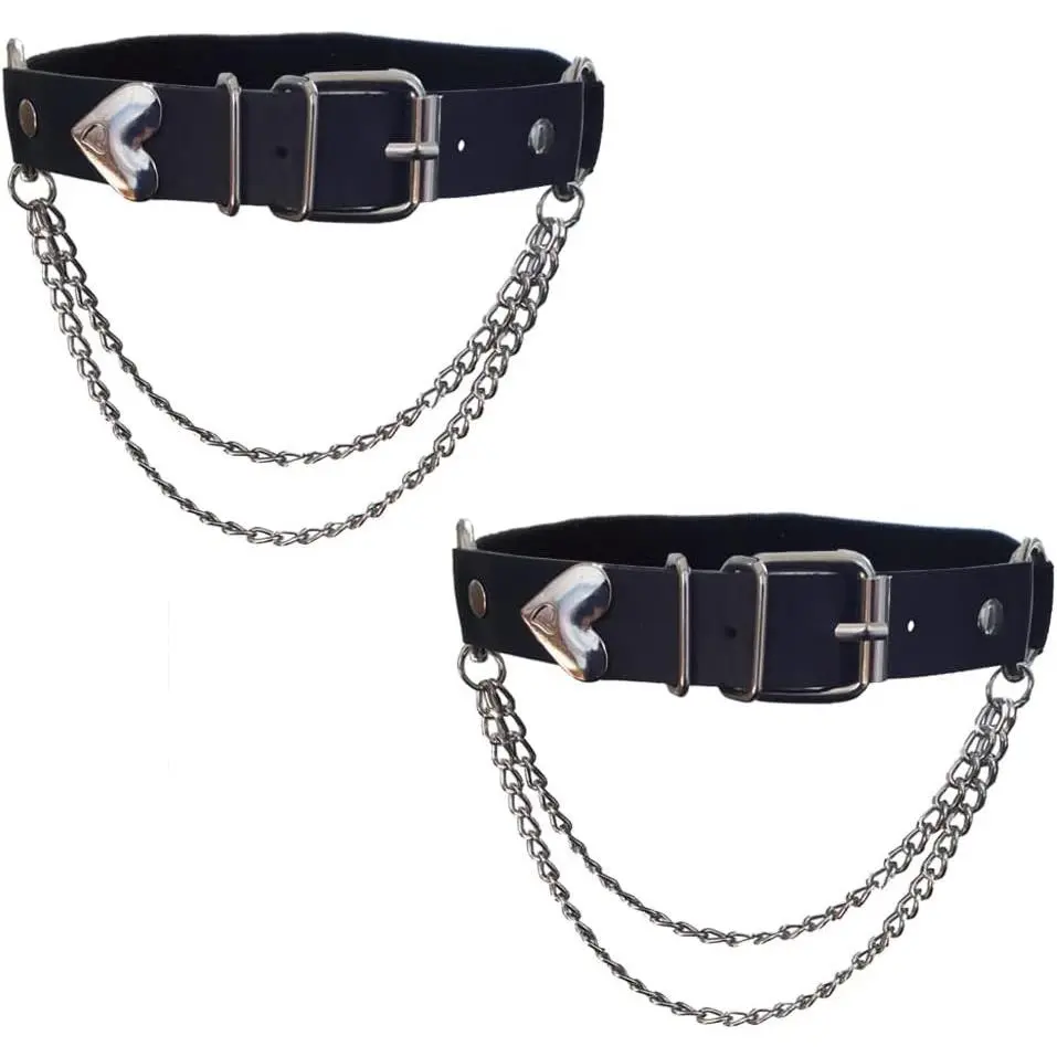 Adjustable Heart-Shaped Thigh Garter 2 Pieces Punk Leather Garter Belts Leg Garter with Chains Body Accessories