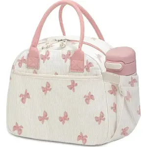 Corduroy Insulated Lunch Tote Bag, Waterproof Oil Resistant Foil Lined Spacious Handbag, Reusable Portable Cooler Bag for Women Work, Picnic & Daily On-the-Go Meals