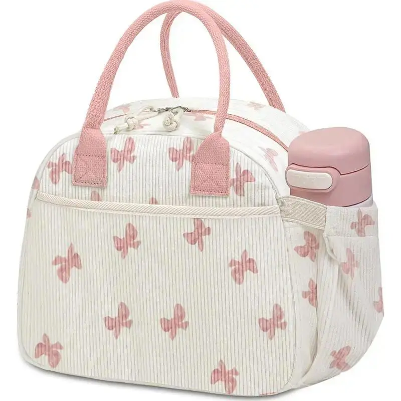 Corduroy Insulated Lunch Tote Bag, Waterproof Oil Resistant Foil Lined Spacious Handbag, Reusable Portable Cooler Bag for Women Work, Picnic & Daily On-the-Go Meals