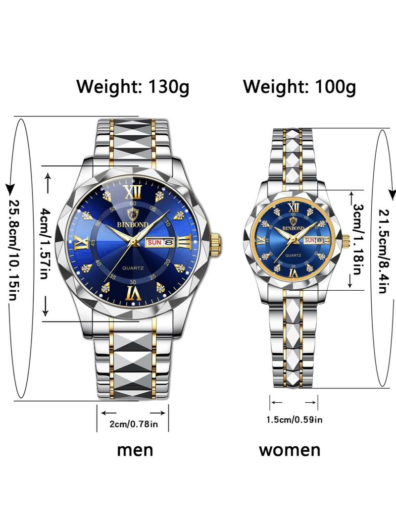 Couple Casual Water Resistant Watch, Fashion Waterproof Round Dial Analog Stainless Steel Quartz Watch Set with Date & Week Display Function, Modern Trendy Accessories As Gift with Box, Luminous Waterproof Watch, Fashionable Waterproof Watch
