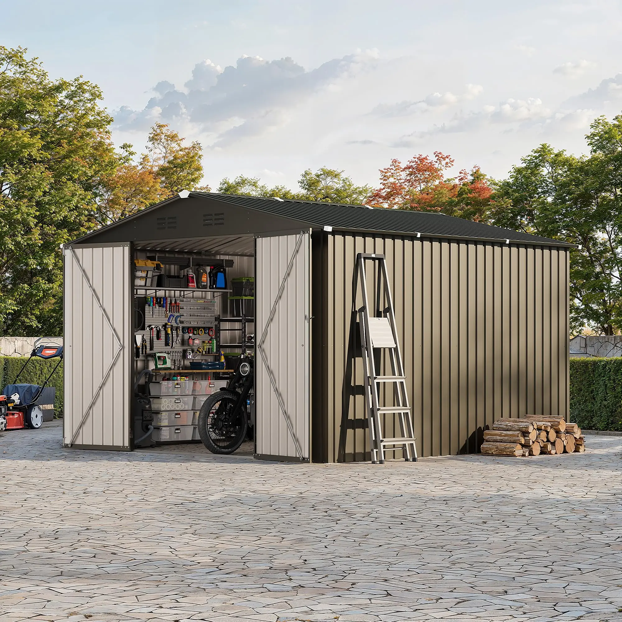 10×10FT Weatherproof Metal Storage Shed, Peaked Roof with Cross Windows & Lockable Door for Garden Tools & Bike Storage