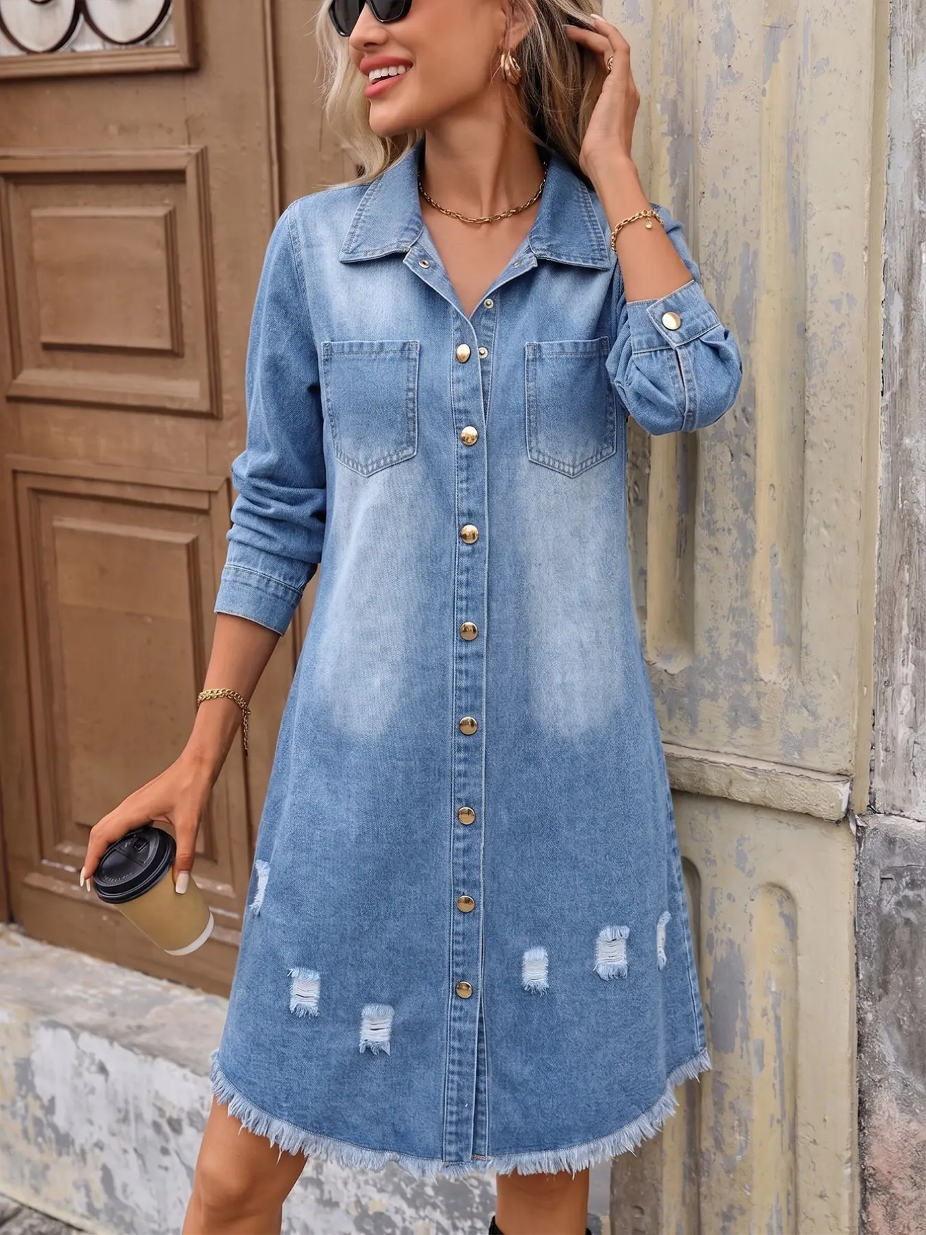 Women's Lapel Long Sleeve Midi Denim Shirt Dress, Buttons, Dual Chest Pockets, Distressed Frayed Hem, Loose Fit Chic Casual Jeans Skirt