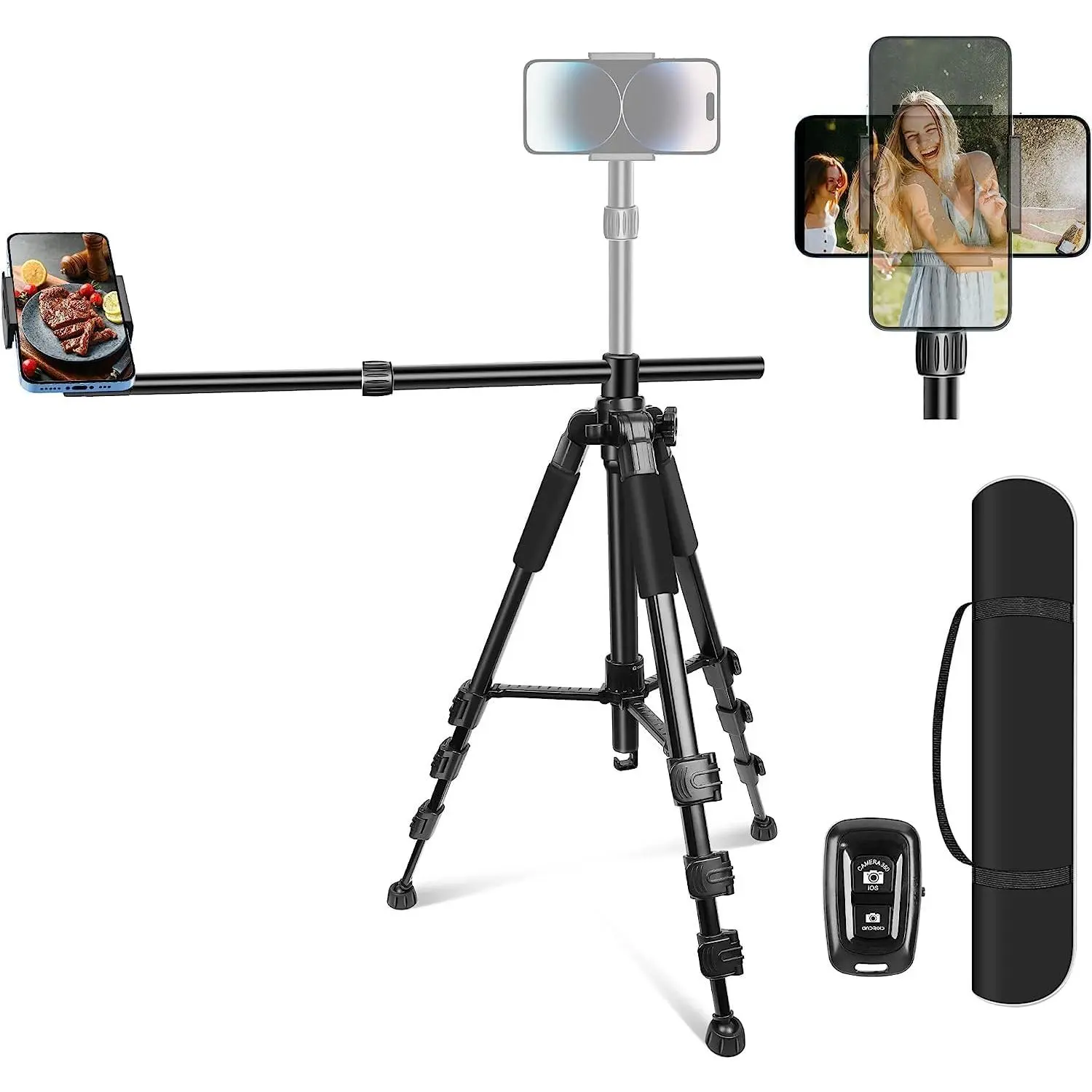 Tripod for Overhead Video Recording [Heavy Duty & Ultra-], 25in Horizontal Long Extendable Boom, 360° Rotation  Tripod Stand with Remote, Vertical 71" Tall Phone Stand