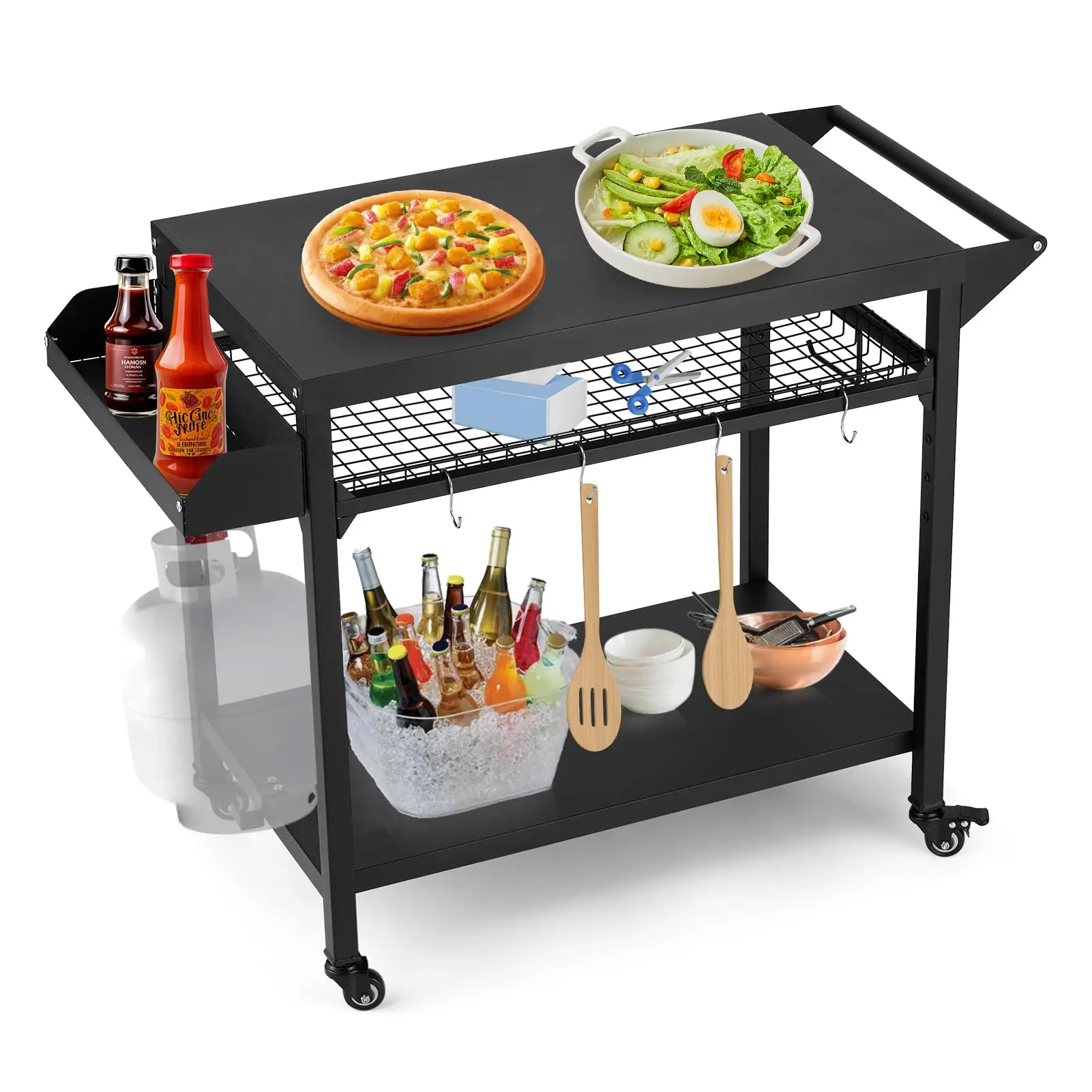 GARVEEOutdoor Grill Cart and Pizza Oven Stand Table with Lockable Wheels, Heavy Duty Movable Cooking Prep Table Featuring Mesh Racks, Durable Black Design for Patio, Backyard, Camping, and Parties