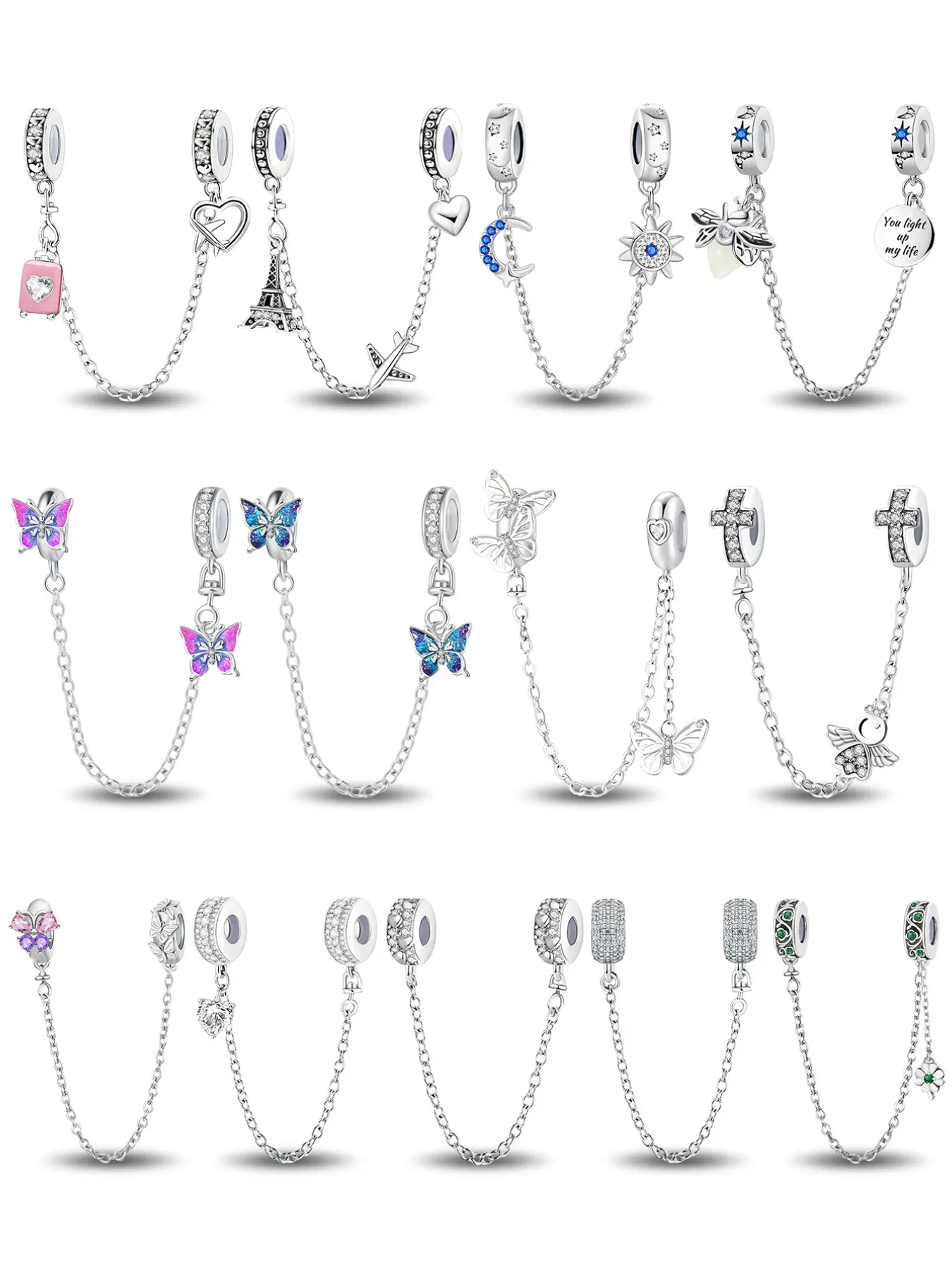 Elegant European Style Safety Chain Spacer Charms for Bracelets with Eiffel Tower Airplane and Celestial Motifs in Copper for Women’s DIY Jewelry Making