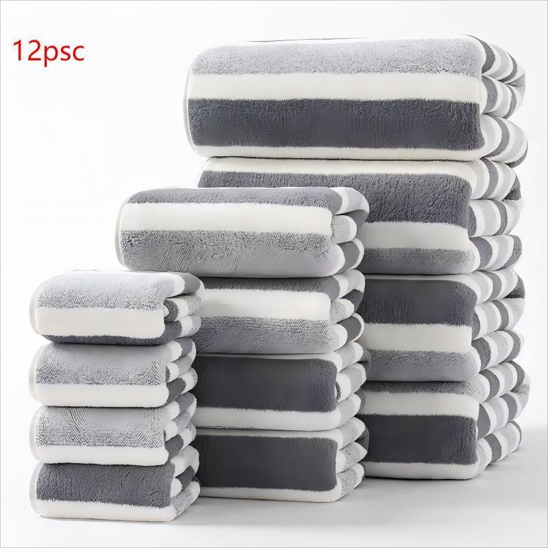 Striped Pattern Premium Towel Set, 1 Set Including 4 Counts Bath Towel & 4 Counts Hand Towel & 4 Counts Face Towel, Quick Drying Water Absorbent Towel for Home, Hotel & Spa, Absorbent Thickened Towels