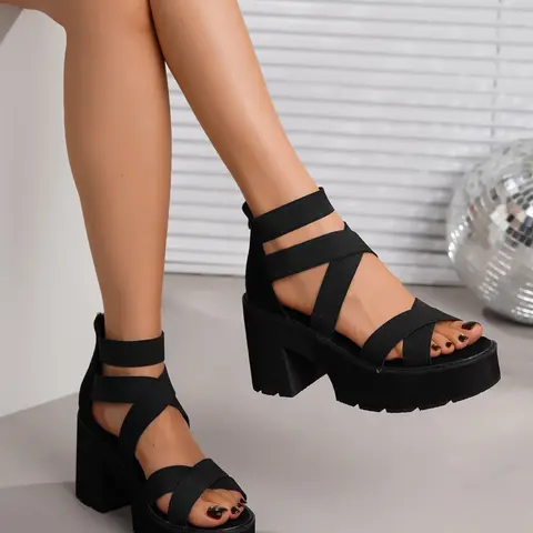 Women's Gothic Y2K Elastic Cross Ankle Strap Platform Sandals, Trendy Heels, Back Zipper Block Heel Punk Shoes for Disco Party